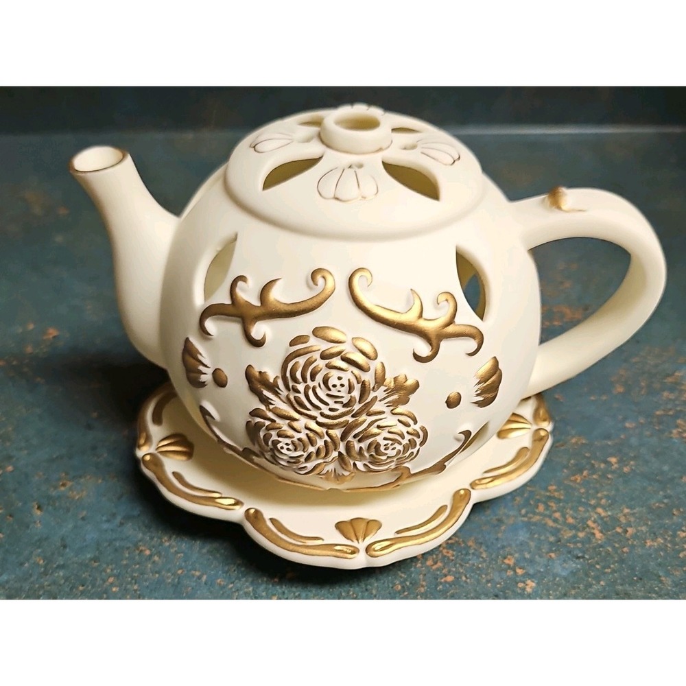 Partylite P7301 Tea Time Teapot Tealight Candle Holder Cream Gold Bisque Ceramic